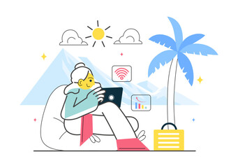 Digital Nomad Lifestyle Vector Illustration Featuring People Working Remotely While Traveling and Enjoying a Holiday in a Flat Style Background