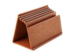 Brown leather business card holder with white stitching isolated on transparent background