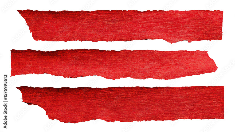 Poster red torn paper strips isolated on transparent background with rough edges and texture