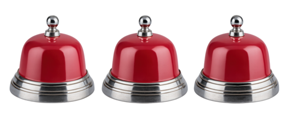 Red service bell isolated on transparent background with three shiny metal bells on display