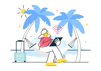 Digital Nomad Lifestyle Vector Illustration Featuring People Working Remotely While Traveling and Enjoying a Holiday in a Flat Style Background