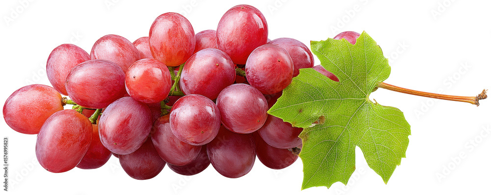 Poster red grape cluster isolated on transparent background with fresh green leaf