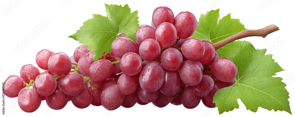 Poster red grape cluster isolated on transparent background with fresh green leaf