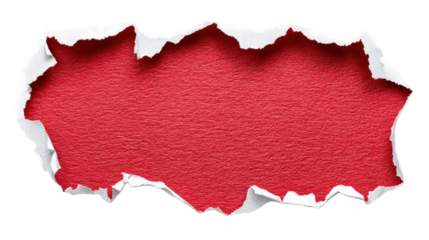 Red torn paper isolated on transparent background with rough edges and texture