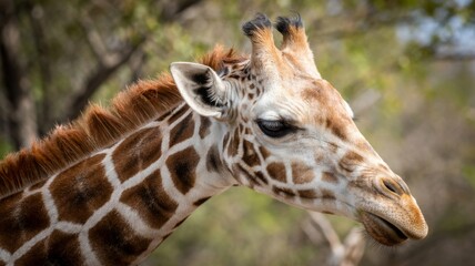 Close up portrait of a giraffe s head and neck with distinctive patterned fur