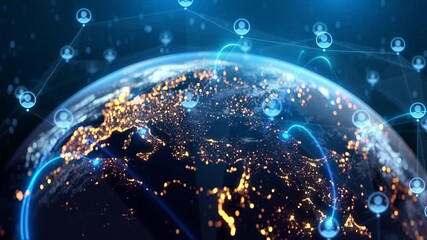 Global Social Network Connections - Digital Earth with User Icons, Online Communication, Community, Data Sharing, People Interaction, Cloud, Internet, Future Technology, Connectivity, Virtual Network - Powered by Adobe