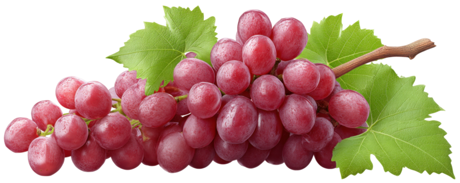 Red grape cluster isolated on transparent background with fresh green leaf