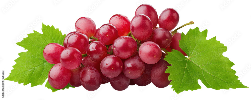 Poster red grape cluster isolated on transparent background with fresh green leaves
