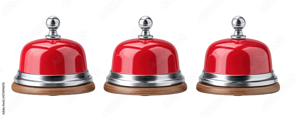 Poster red service bell isolated transparent background with three shiny metal and wooden base objects