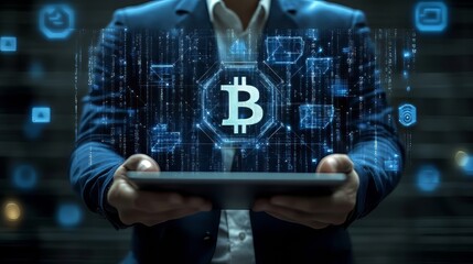 Blockchain technology and digital blockchain concept, with man using digital tablet connected to encrypted network and virtual background