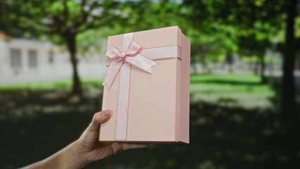 Hand holding pink gift box with bow in green outdoor park setting under trees.