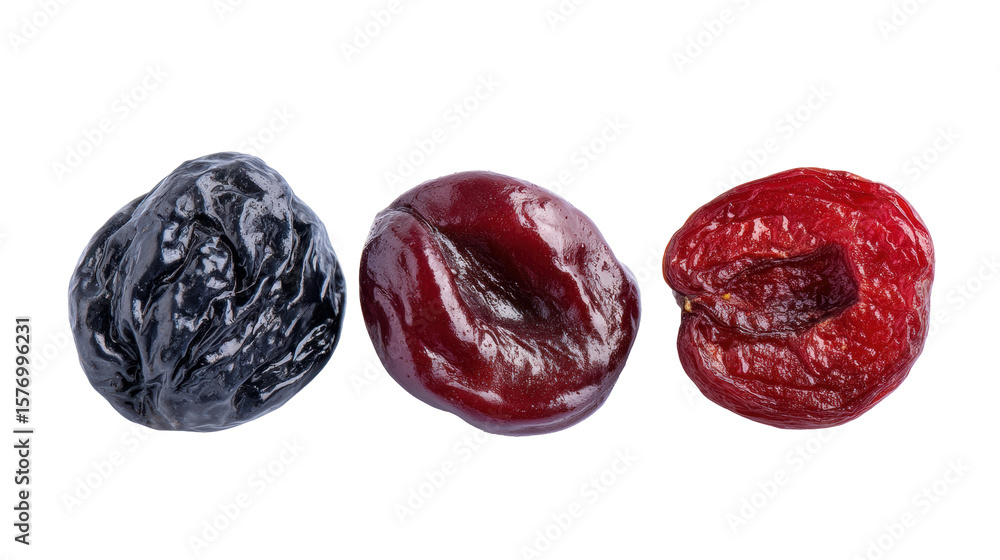 Poster dried fruit isolated on transparent background with three prunes in different colors and textures
