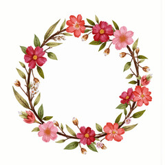 Fototapeta premium Floral wreath with pink and red flowers on white background 
