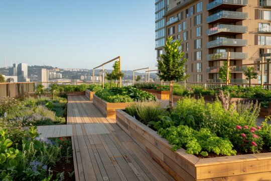 Urban rooftop garden growing fresh produce with city view