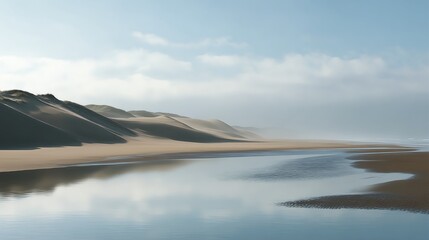 A serene coastal landscape featuring sand dunes beside calm, reflective water under a partly cloudy sky.