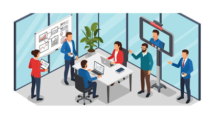 Modern office meeting scene shows team collaboration and remote communication via video conference for business planning.