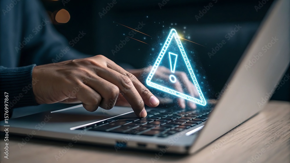 Poster person typing on laptop with glowing warning sign: addressing system errors promptly and professiona