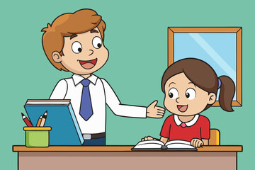 Illustration of Teacher Assisting Student at Desk with Books and Stationery – Classroom Learning and Educational Support Concept
