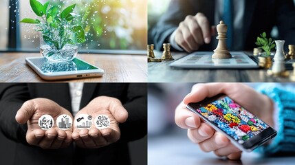 Composite of images showing nature, strategy, finances, and digital elements. Business and growth themes
