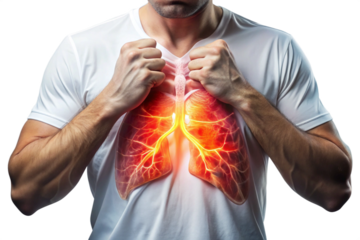 A man clutches his chest highlighting inflamed lungs, indicating respiratory illness isolated on transparent background