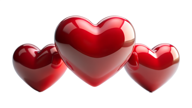 Three glossy red hearts isolated on transparent background convey love and romance