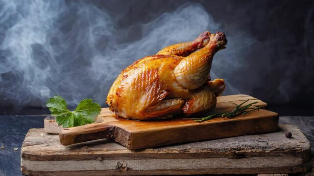 Pollo a la brasa, Grilled chicken, Roasted golden chicken served on a rustic wooden board, Deep brown hues with crispy skin, Evening light with smokey atmosphere, Rich and smoky flavors
