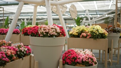 Flower shop display with vibrant potted blooms in foreground and blurred floral arrangements in...
