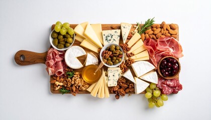 Gourmet cheese platter with a variety of cheeses, fresh grapes, almonds, walnuts, slices of cured meats, honey, and herbs arranged on a wooden cutting board for sharing and snacking