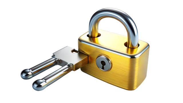 A golden padlock with a key isolated on transparent background