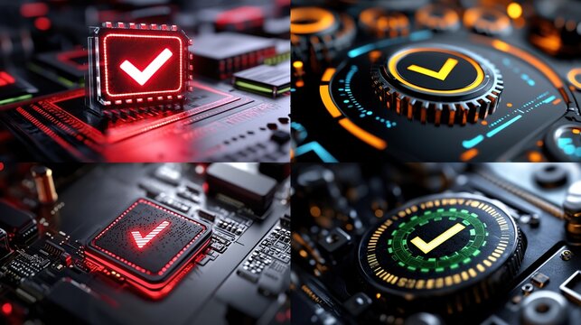 Computer microchips with glowing check marks indicate success/approval within technology