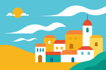 Fototapeta premium Charming cartoon illustration of a colorful whimsical cityscape with buildings and plants isolated on white background isolated on transparent background