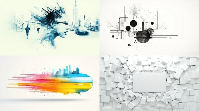 A digital art collage featuring four distinct styles an abstract portrait with cityscape, a monochrome geometric design, a vibrant speed-blur cityscape, and a white cube frame - Powered by Adobe