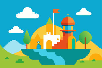 Charming cartoon illustration of a colorful whimsical cityscape with buildings and plants isolated on white background isolated on transparent background