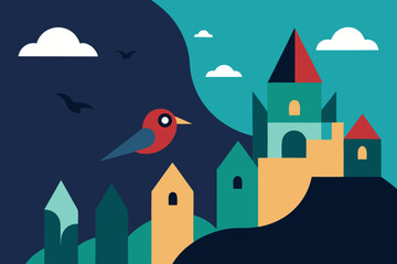 Charming cartoon illustration of a colorful whimsical cityscape with buildings and plants isolated on white background isolated on transparent background