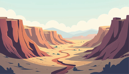 Naklejka premium Illustration of a Scenic Canyon Landscape with Red Rock Cliffs and Wide Valley