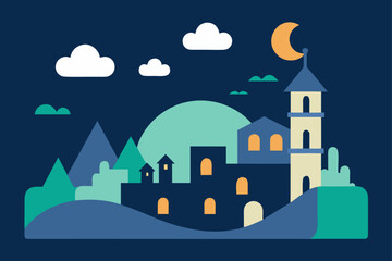 Charming cartoon illustration of a colorful whimsical cityscape with buildings and plants isolated on white background isolated on transparent background