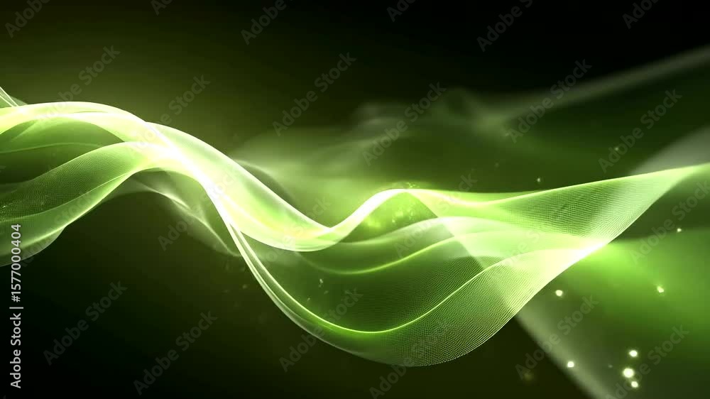 Poster abstract green wave motion graphic background loop with sparkling particles effect