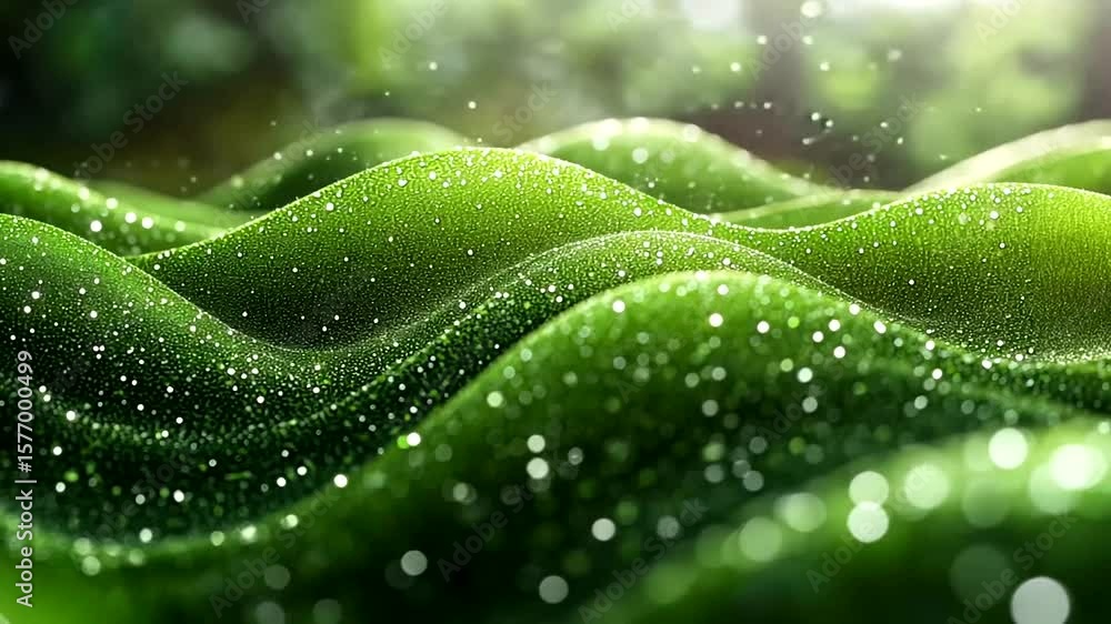 Poster abstract green waves with glittering particles, dynamic motion and glowing bokeh background