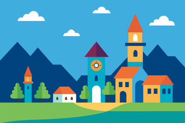 Charming cartoon illustration of a colorful whimsical cityscape with buildings and plants isolated on white background isolated on transparent background