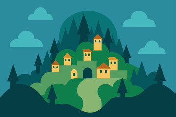 Charming cartoon illustration of a colorful whimsical cityscape with buildings and plants isolated on white background isolated on transparent background