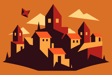 Charming cartoon illustration of a colorful whimsical cityscape with buildings and plants isolated on white background isolated on transparent background