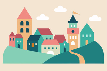 Charming cartoon illustration of a colorful whimsical cityscape with buildings and plants isolated on white background isolated on transparent background