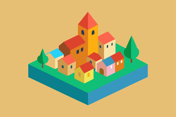 Charming cartoon illustration of a colorful whimsical cityscape with buildings and plants isolated on white background isolated on transparent background