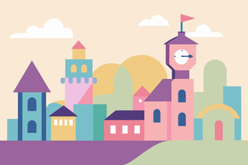 Charming cartoon illustration of a colorful whimsical cityscape with buildings and plants isolated on white background isolated on transparent background