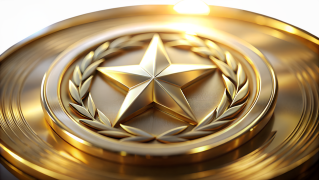 A golden coin with a star and laurel wreath design isolated on transparent background - Powered by Adobe