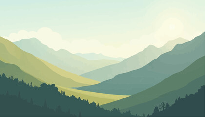 Serene Mountain Landscape with Green Valleys and Soft Clouds in Natural Light