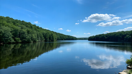 Fototapeta premium A tranquil lake surrounded by vibrant trees and a bright blue sky, showcasing a peaceful outdoor scene