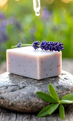 Handcrafted Lavender Soap Bar with Glass Essential Oil Dropper Bottle on Natural Stone Surface, Organic Skincare Product in Minimal Spa Aesthetic