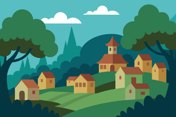 Serene Village Landscape Picturesque Hills, Lush Greenery, Charming Houses