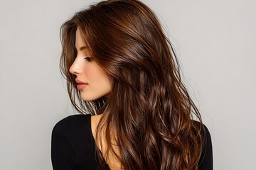 Fototapeta premium Back-View Of Extra-Long, Naturally Wavy Hair In Deep Chocolate Brown, Styled With Soft Curtain Layers. The Hair Flows Gently Down The Back, Showing Natural Volume And Wave Patterns. The Light Catc
